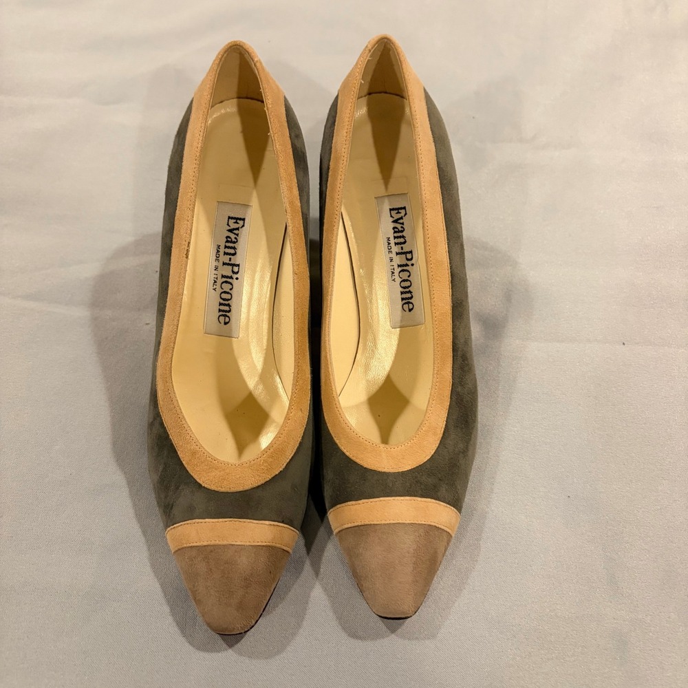 Evan-Picone Womens 5.5 M Suede Tri-Tone Pointed Toe Pumps Made in Italy Grey Tan